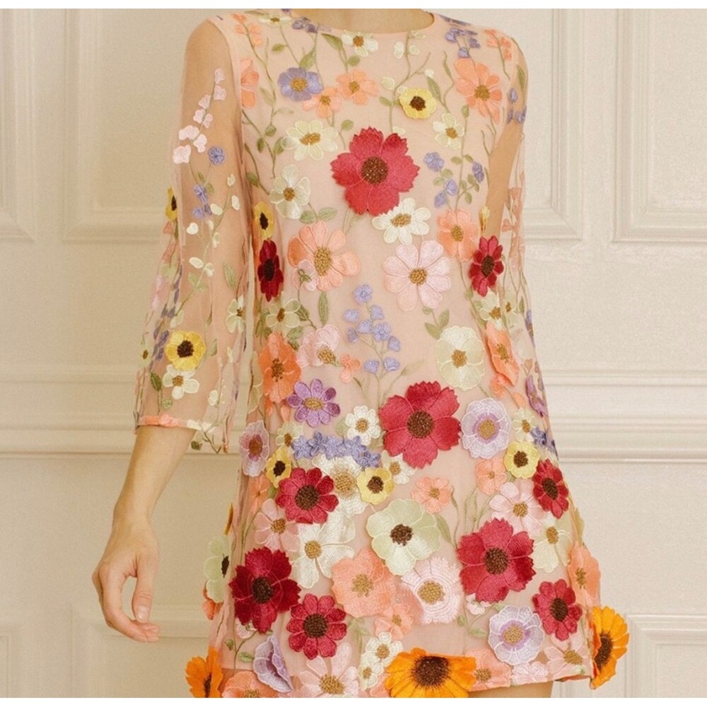 Storia Floral Embroidered Mesh Dress Medium Kentucky derby midi